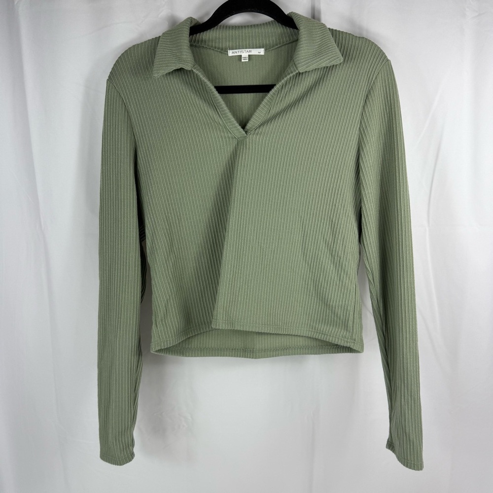 Antistar Rib Knit Long Sleeve Shirt Medium V-Neck with Collar Sage Green